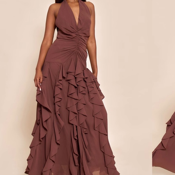 Pretty Little Thing Chocolate Plunge Ruched Frill Detail Maxi Dress - Picture 1 of 3